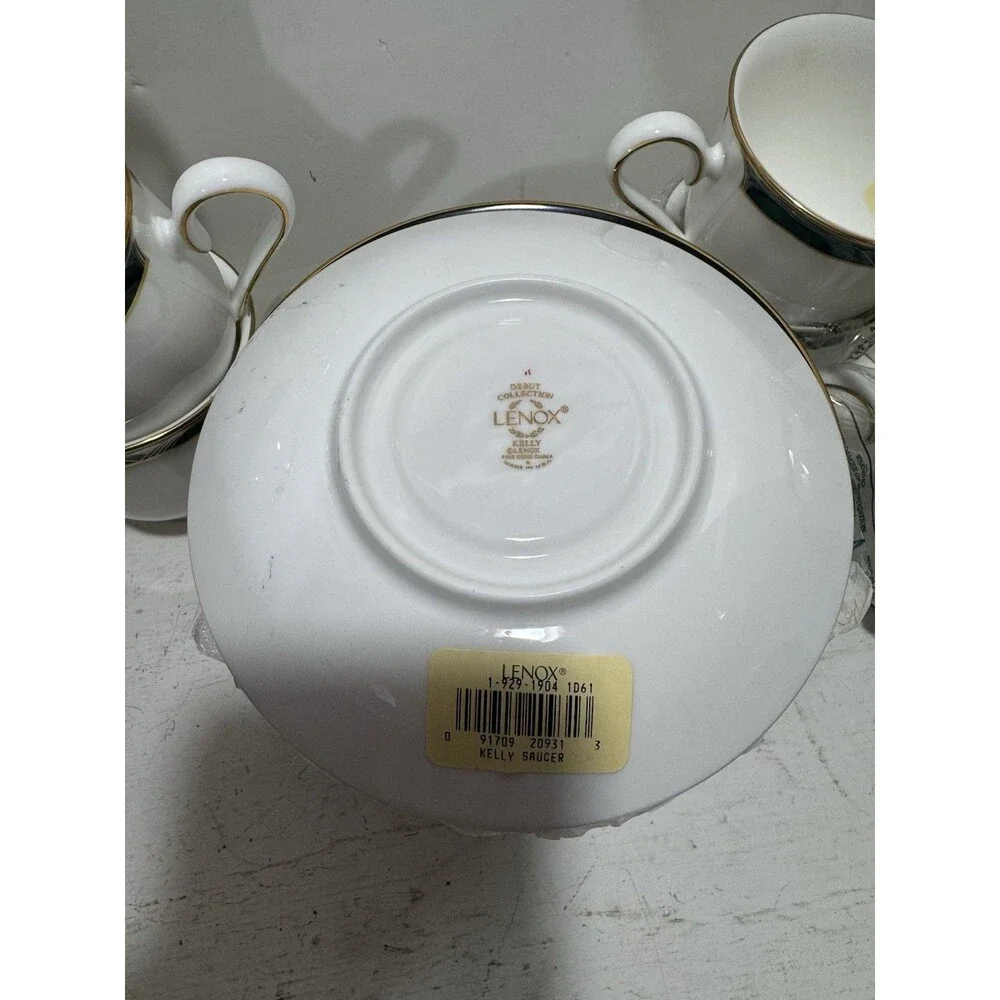 Lenox Debut Collection Kelly New Set Of 6 Teacups And Saucers White Blue Green
